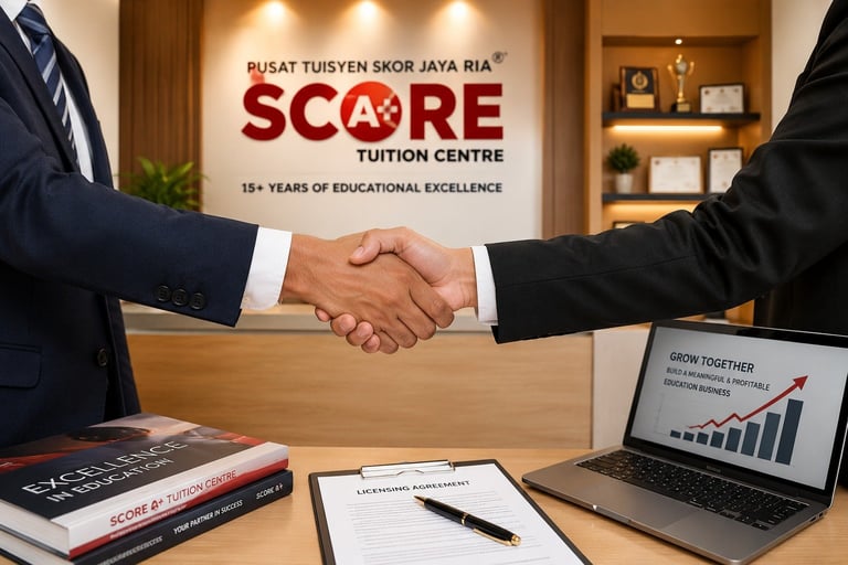 Two business professionals shaking hands in an office with SCARE tuition centre branding, desk with documents and laptop showing growth chart