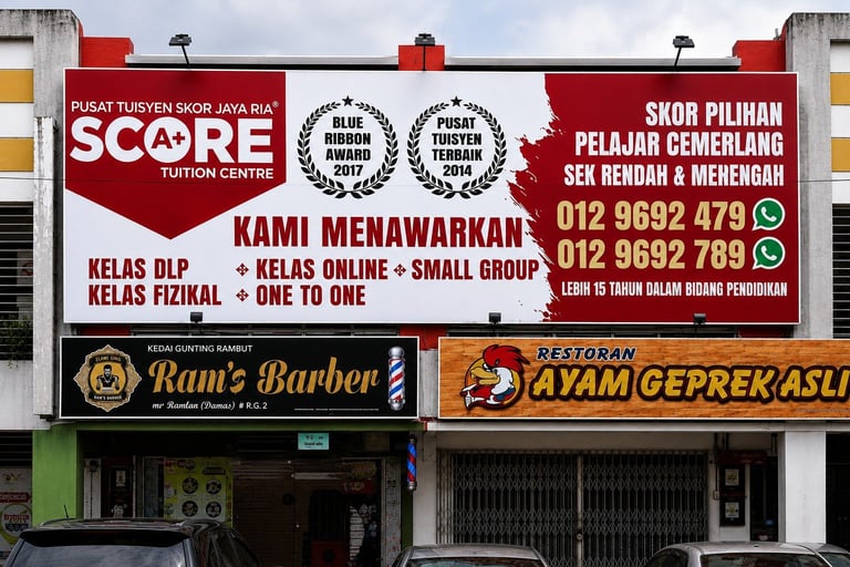 Storefront with red and white signage for Score tuition center, Rams Barber, and Al Hamim restaurant with contact numbers displayed