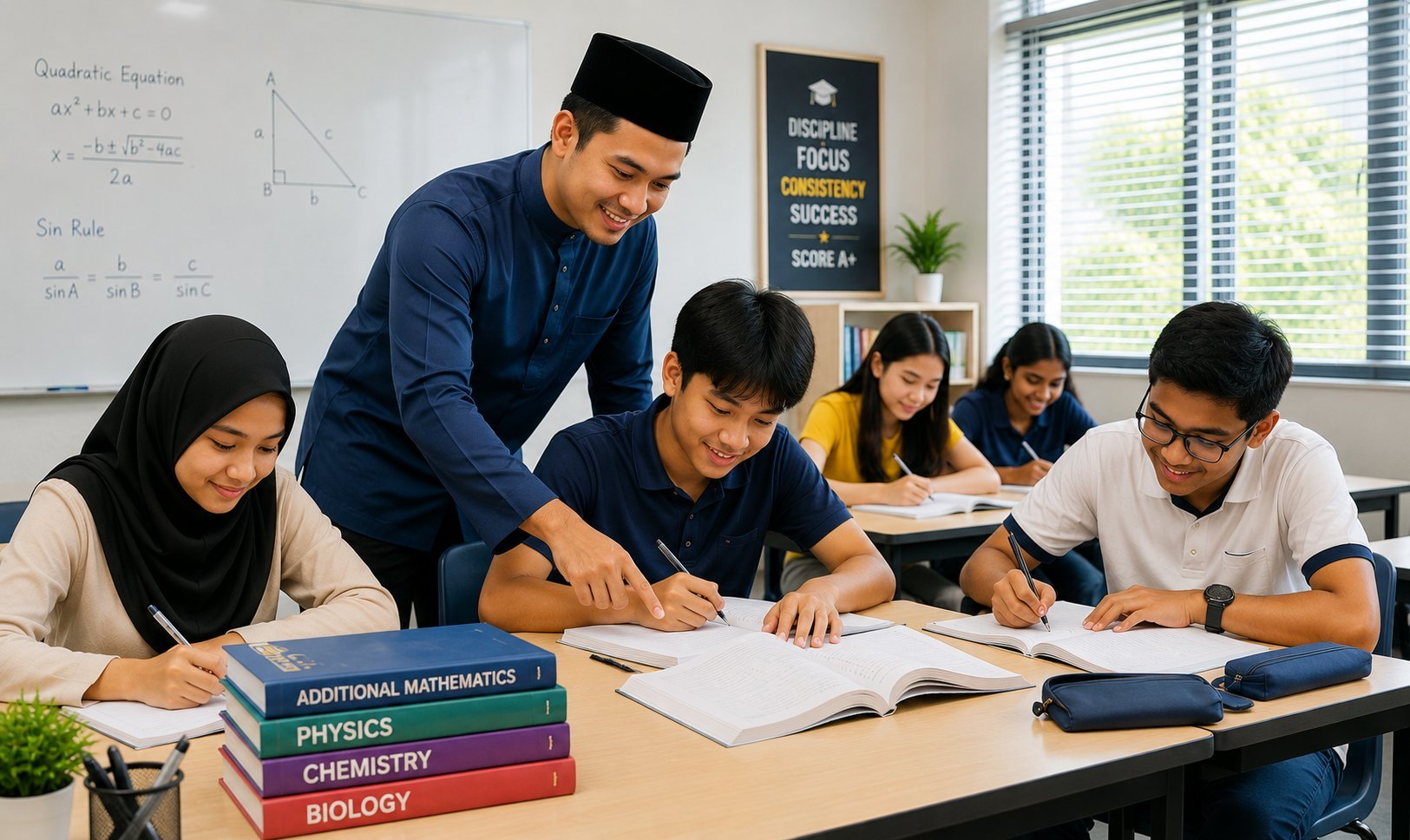 Teacher instructing diverse students at desk with textbooks in a classroom with whiteboard and green plant visible