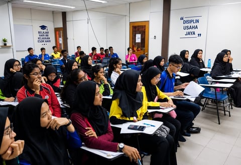 Large group of people seated in a classroom or training room, wearing casual and colorful clothing, attending a seminar or workshop event