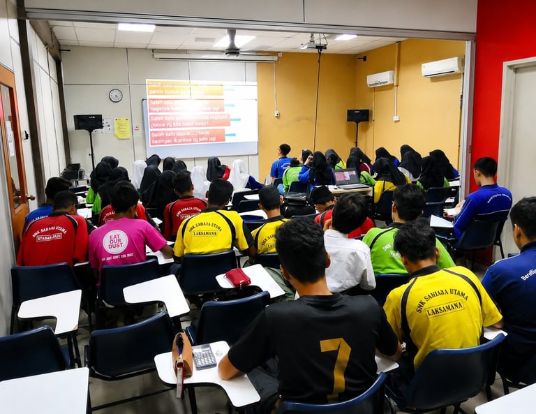 Classroom full of students wearing colorful sports uniforms seated at desks facing a projected presentation on the wall